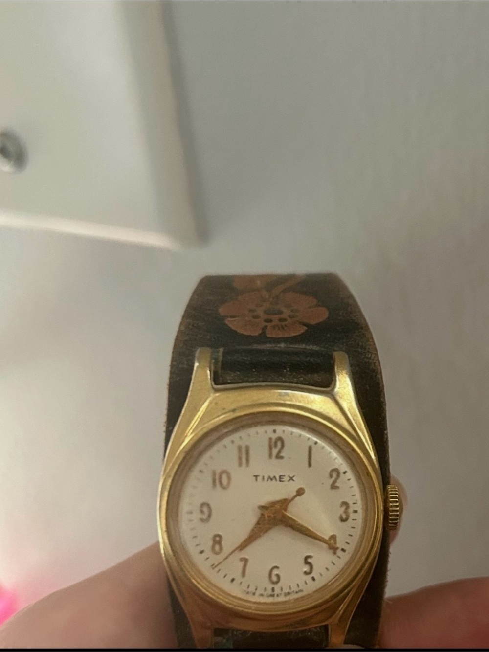 Timex Women's Gold-Tone Case Watch with Brown Floral Leather Strap